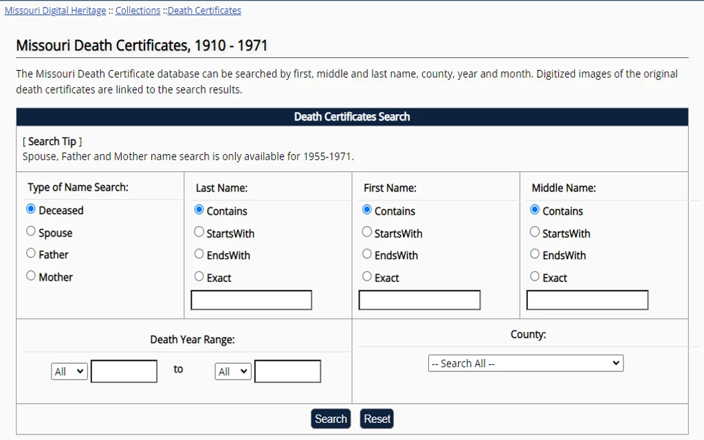 A screenshot showing Missouri death and free marriage records search of records from 1910-1971 can be searched online by name, year of death and county.