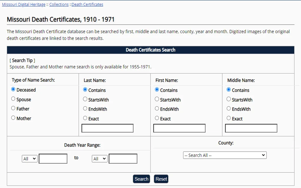 Missouri Digital Heritage : Birth and Death Records