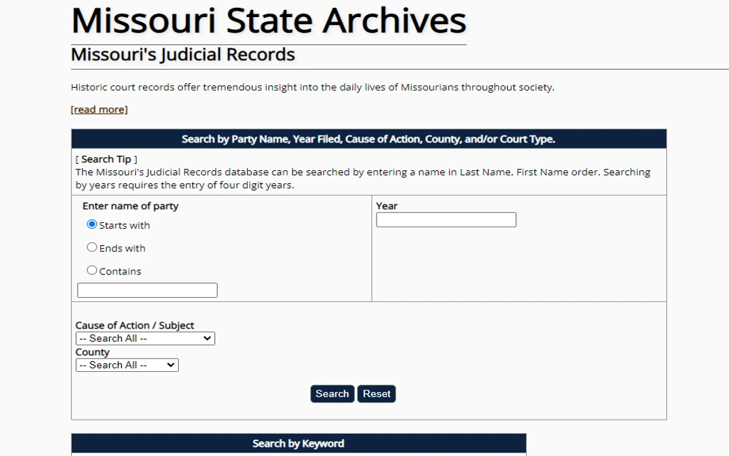 An image showing old Missouri free divorce records judicial search of state archives using the name of the part, county or year.