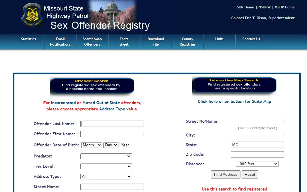 A screenshot showing the Missouri sex offender registry can be searched by offenders first or last name, type of predator, their tier level, address, street name, city or zip code.