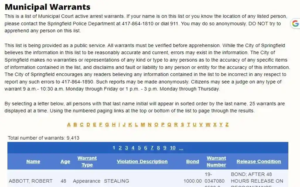 An image of municipal or active warrants issued by the Springfield Police Department during free Missouri warrant search with text saying to call the PD at 471-864-1810 if they have a tip and to not apprehend any person as a citizen.