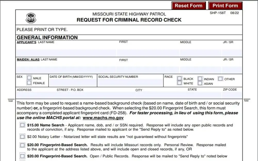 A screenshot of the Missouri Request for Criminal Record Check form webpage, displaying the form for requesting a criminal record check, the form includes fields for personal information such as name, address, social security number, and date of birth.