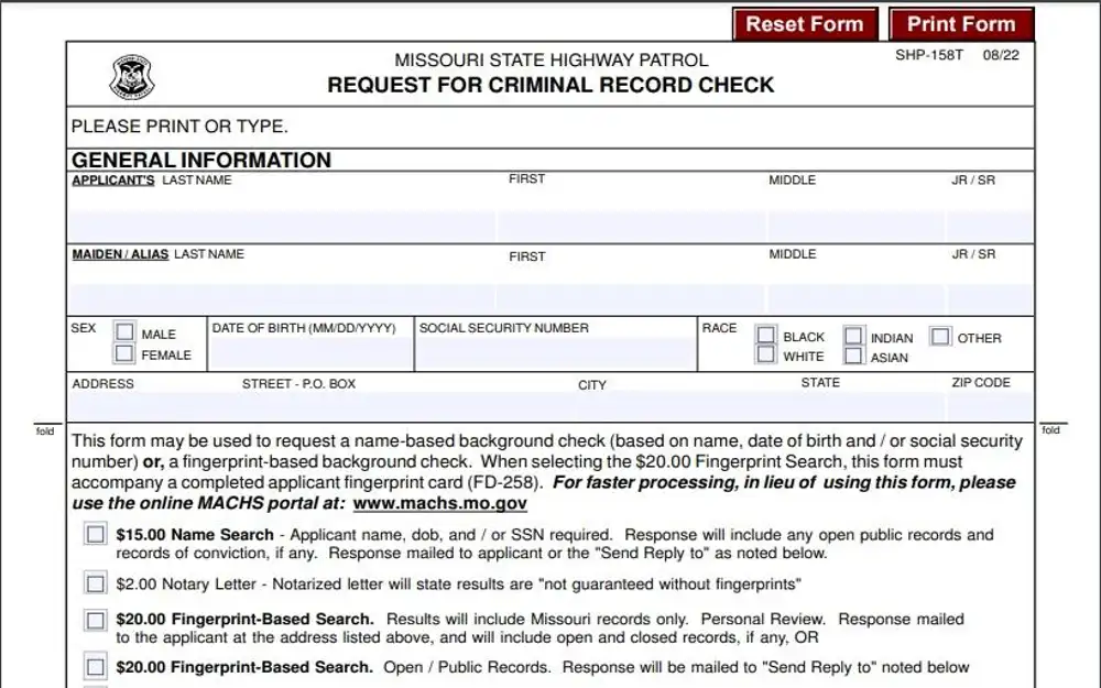 A screenshot of the Missouri Request for Criminal Record Check form webpage, displaying the form for requesting a criminal record check, includes fields for personal information such as name, address, social security number, and date of birth.