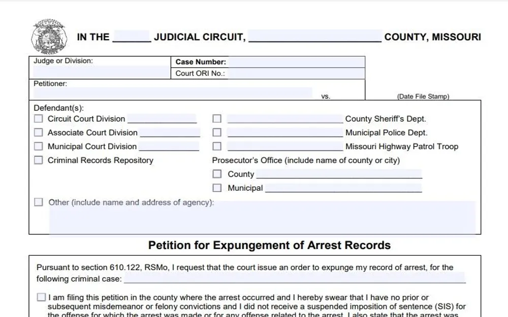 A screenshot of the Petition for Expungement of Arrest Records form webpage, displaying the form for petitioning the expungement of arrest records, the form is surrounded by white space, and the overall color scheme is white.