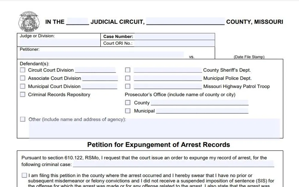  A screenshot of the Petition for Expungement of Arrest Records form webpage displaying the form for petitioning the expungement of arrest records; the form is surrounded by white space, and the overall color scheme is white.