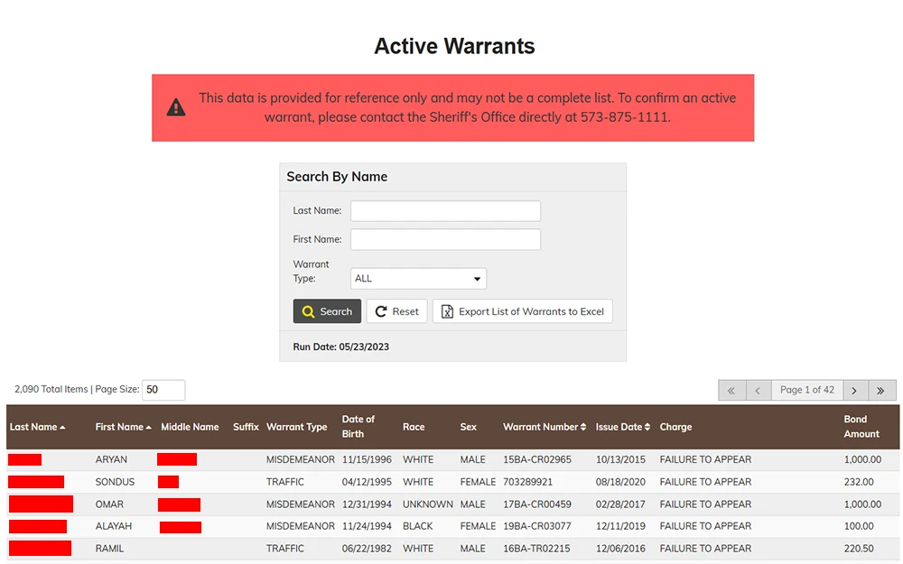 A screenshot of the Boone County Active Warrants website search page, displaying an input field to search by name and a list of persons below.