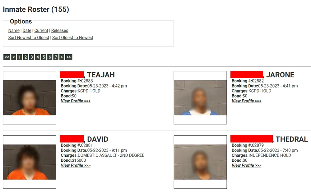 A screenshot of the Johnson County Sheriff's Office Inmate Roster webpage, which displays a list of current inmates; the webpage includes the Johnson County Sheriff's Office logo in the upper left corner and the 911 hotline and non-emergency contact number in the upper right corner; the inmate list is displayed in the center of the webpage and includes columns for inmate name, booking number, and booking date.