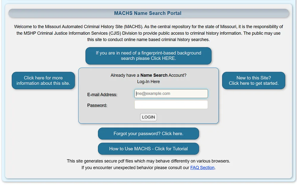 A screenshot of the MACHS Name Search Portal website, displaying the login page, the page includes input fields for email address and password, along with a "Log In" button to initiate the login process.