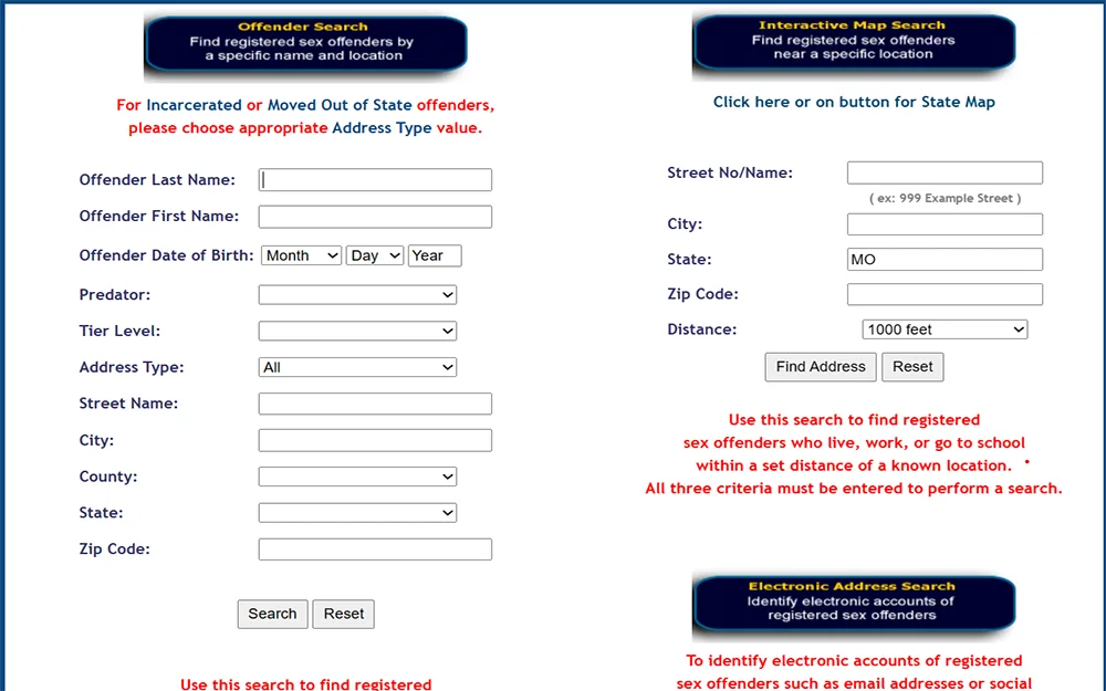 A screenshot of the Missouri Sex Offender Registry website search page, displaying two search options: offender search and interactive map search, the offender search option includes input fields for the offender's first name, last name, city, and zip code, along with a "Search" button to initiate the search, the interactive map search option displays a map of Missouri with markers indicating the locations of registered sex offenders.