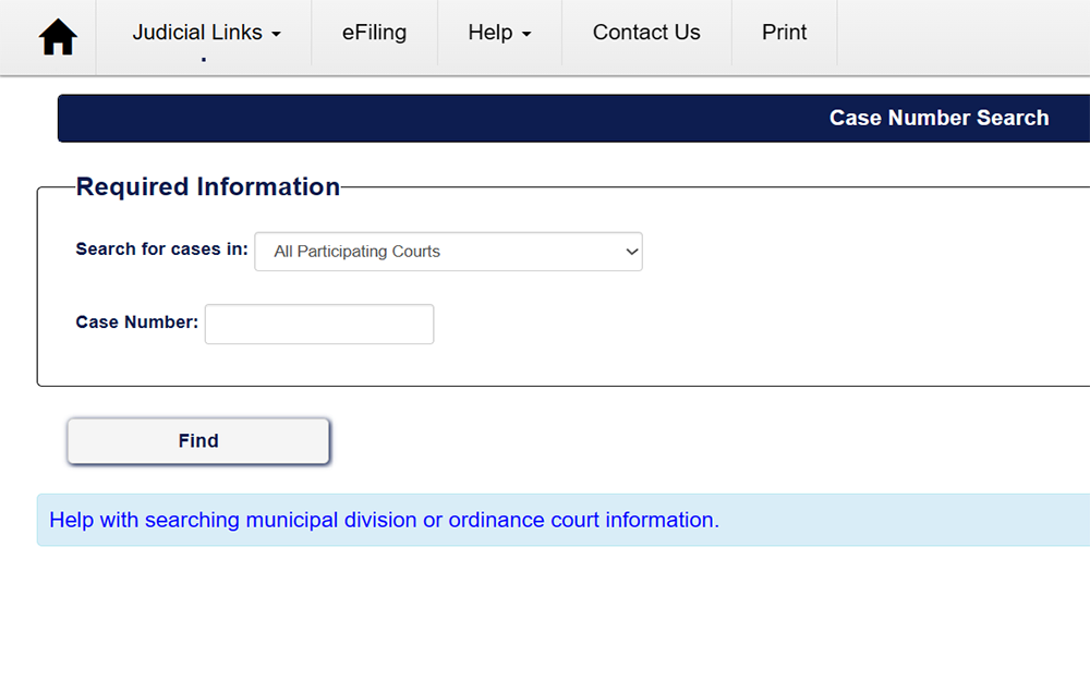 A screenshot of the Missouri Court Case Number Search webpage, displaying the website logo in the center of the page and a menu of judicial links, eFiling, help, contact us, and print options, the required information for searching cases is displayed below the menu, and includes an input field for case number with a "Find" button located below the field.