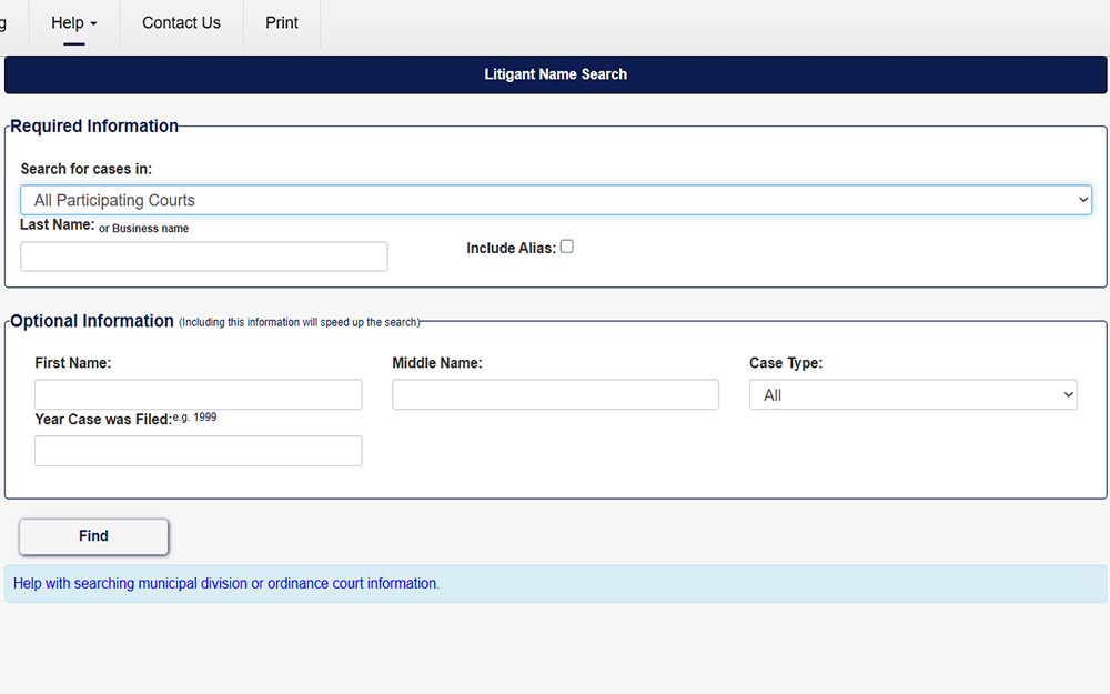 A screenshot of the Missouri Courts Litigant Name Search website, displaying the search page, the page includes input fields for the litigant's first name, last name, and middle initial, along with a "Search" button to initiate the search.