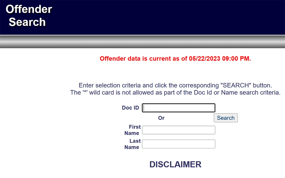 A screenshot of the Missouri Department of Corrections (DOC) Offender Search website, displaying the search page, the page includes input fields for the offender's DOC ID or first name and last name, along with a "Search" button to initiate the search.