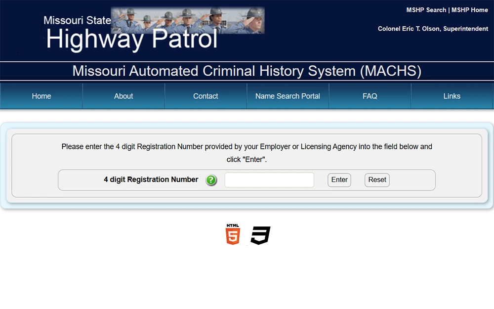 A screenshot of the Missouri State Highway Patrol website, displaying an input field for a 4-digit registration number and buttons to "Enter" or "Reset" the search, the input field is located in the center of the webpage and is surrounded by white space.