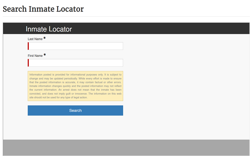 A screenshot of an inmate locator website search feature, displaying an input field for last name and first name, and a search bar, the search bar is located below the input fields and includes a button to initiate the search.