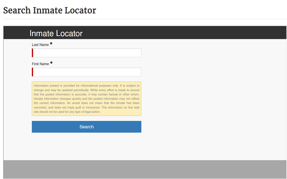 A screenshot of an inmate locator website search feature displaying an input field for last name and first name and a search bar; the search bar is located below the input fields and includes a button to initiate the search.