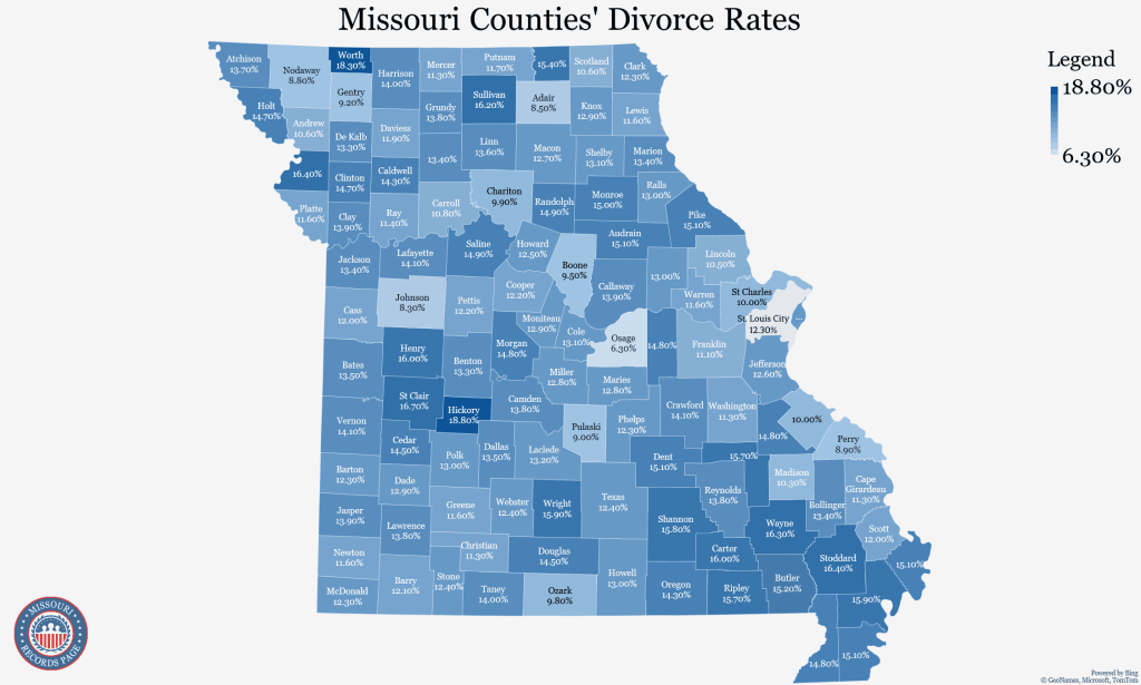 Map of Missouri showing the counties' divorce rates (5-year estimates in 2021).