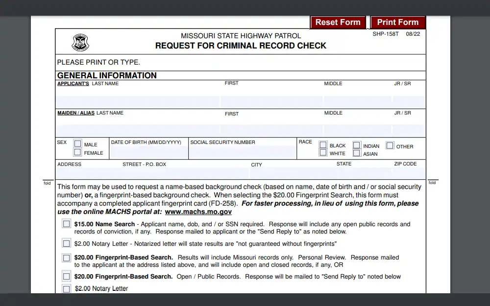 An image of a form to request for someone's criminal history in Missouri.