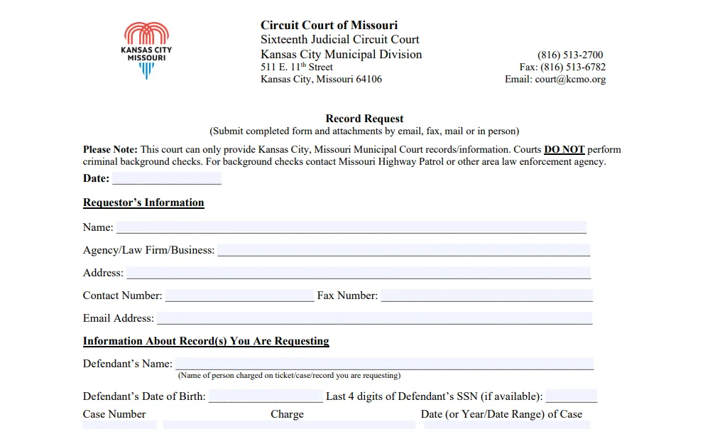 A screenshot of a Records Request Form provided by the Circuit Court of Missouri requiring the requesters to complete the form providing the requestor's information and the details of the record that will be requested.