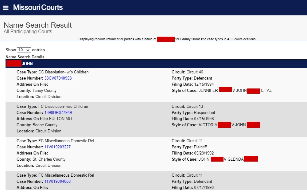A screenshot of the Missouri Courts Unified Search tool's results sample of divorce cases with the following information: case and party type, circuit and county, case style, case number, filing date and location.