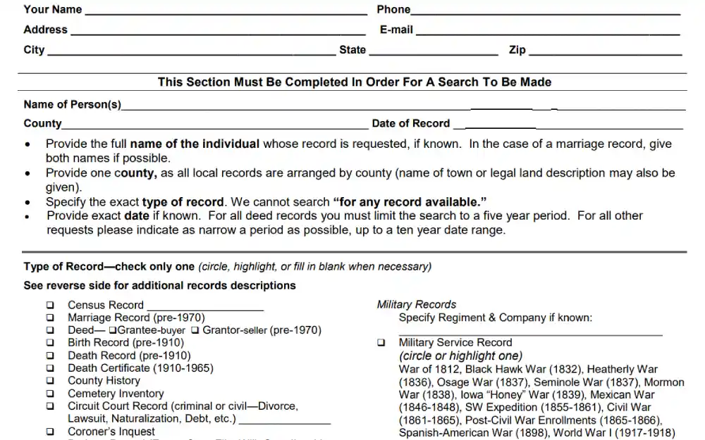 A screenshot of the Genealogical request form from the Missouri State Archives, which encompasses filling sections such as the name, phone, address, email, city, state, and zip code, wherein the second part is for ordering searches such as name, county, date of record, the type of record which can be selected by checking the box before the document type. 