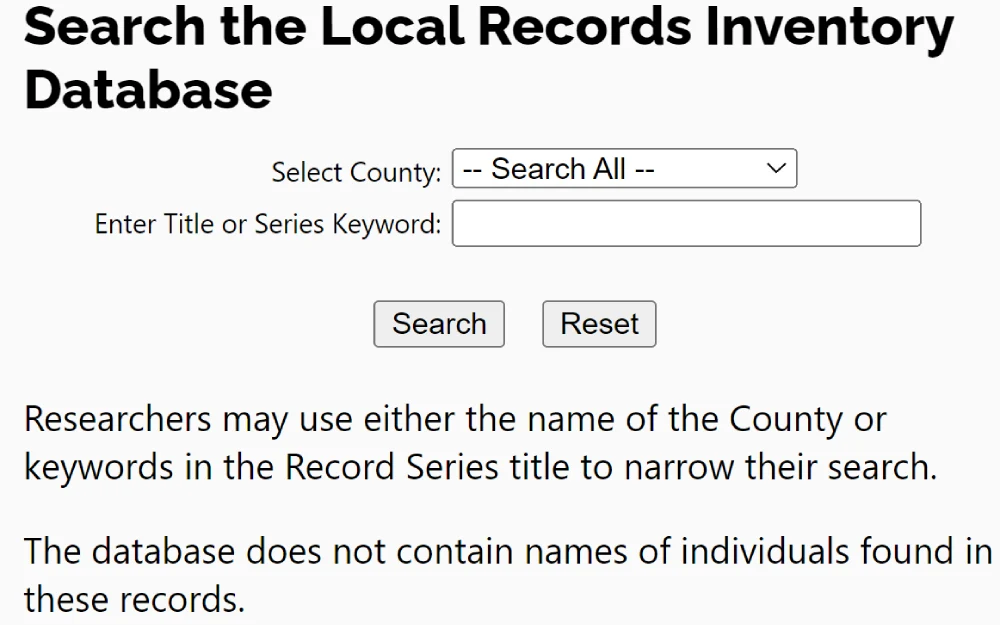 A screenshot of the Missouri State Database, which is used to search for local records, displays search categories such as the country to search and the record's title or keyword. 