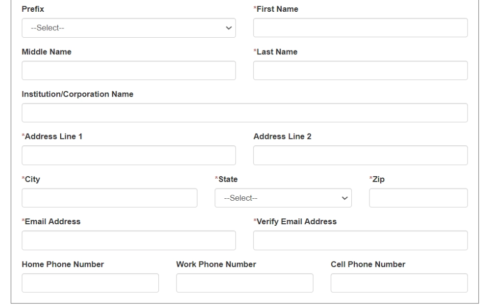 A screenshot of an online request form from Missouri State Archives with filling out categories such as first name, middle name, last name, prefix, corporation name, addresses, the city, state, email address, home phone number, work phone number, and cellphone number. 