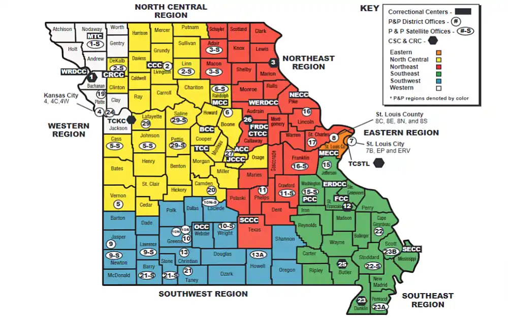 A screenshot showing a printable map institutional parole offices and probation and parole district offices displaying the location from north central, western, northeast, eastern, southwest and southeast region.