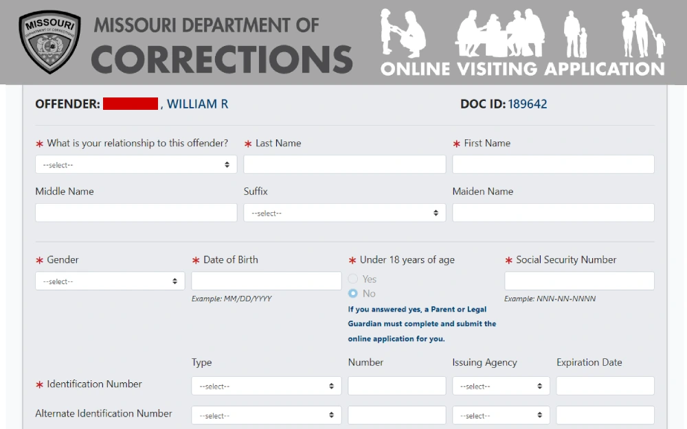 A screenshot showing an online visiting application that requires some personal information such as first and last name, relationship to the offender, middle and maiden name, suffix, gender, date of birth and others.