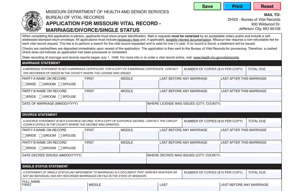 A screenshot displaying an application for Missouri vital record for marriage, divorce or single status requiring information such as parties' first, middle and last names before and after marriage on record for marriage statement and others.