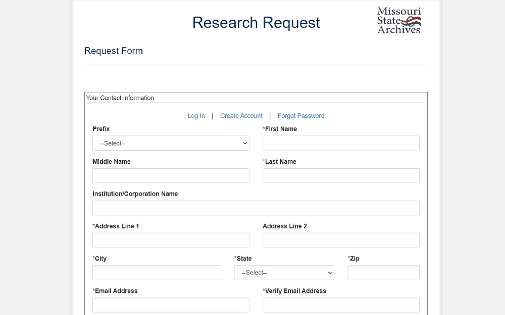 A screenshot displaying a research request form requires contact information, prefix, first, middle and last name, institution/ corporation name, address lines 1 & 2, city, state, ZIP code, and email address.