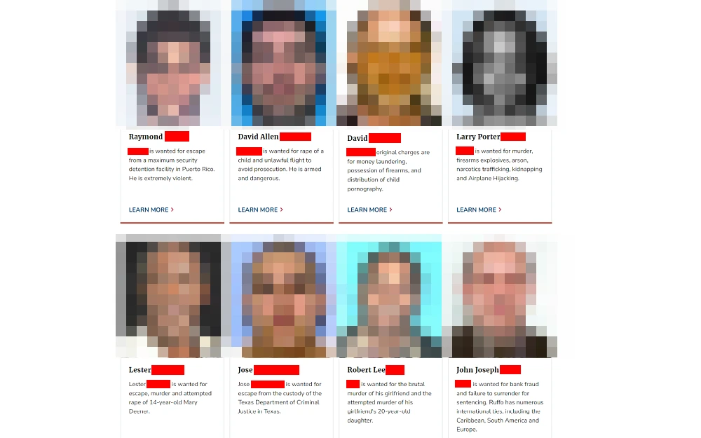 A screenshot showing the 15 most wanted fugitives from the United State Marshals Service District Office website, with mugshot photos, names, a description of offenses, and other information regarding the fugitive listed.