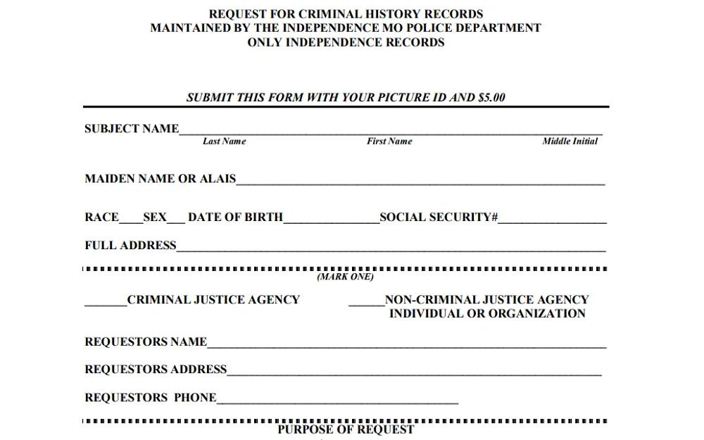 A screenshot showing a request for criminal history records maintained by the Independence Missouri Police Department to be submitted with a fee and ID picture with details such as complete subject name, maiden name or alias, race, sex, date of birth and others.