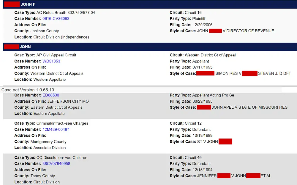 A screenshot of the name search results showing information such as case type and number, address on file, county, location, circuit, party type, filing date, and case style from the Missouri Courts website.