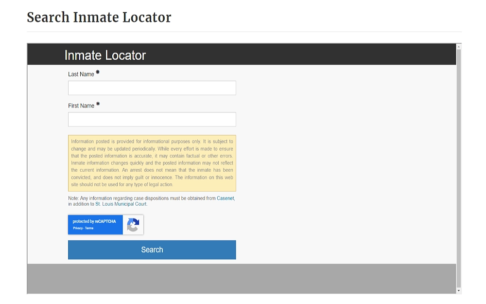 A screenshot showing the search inmate locator from the St. Louis City Department of Corrections website, with required fields such as last name and first name, a yellow disclaimer or reminder description box, and the captcha verification to search.