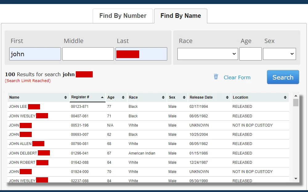 Screenshot of the search results from Federal Bureau of Prisons' inmate locator, listing the offenders' names, register numbers, ages, races, sexes, release dates, and locations; and displaying the input fields for first, middle, and last names, race, age, and sex above the list.