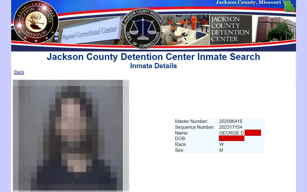 A screenshot showing an inmate's details from the Jackson County Detention Center website, including a mugshot photo, master number, sequence number, complete name, date of birth, race, and sex.