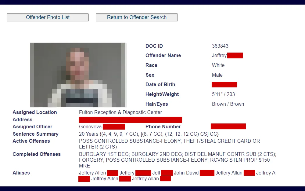 Screenshot of an offender detail taken from the database maintained by Missouri Department of Corrections, displaying the inmate's mugshot, DOC ID, name, race, sex, birthday, height, weight, hair and eye colors, assigned location, address, assigned officer, phone number, active offenses, completed offenses, and aliases.