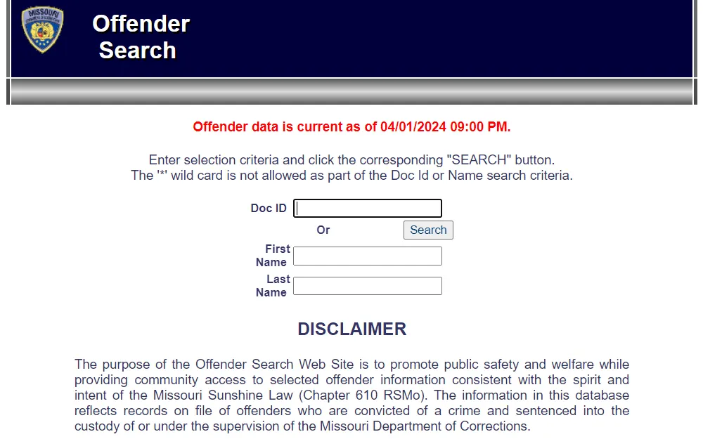 Screenshot of the offender search tool provided by Missouri Department of Corrections displaying a note that reflects the date of the most recent update, followed by an instruction how to fill the search fields, the input fields for DOC number or first and last names; and the first part of the disclaimer about the purpose of the database.