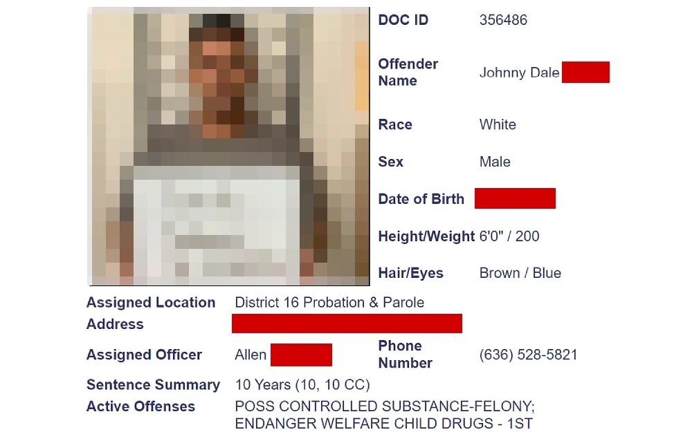 A screenshot displaying an offender's data, showing a mugshot photo and details including DOC ID, offender's name, race, sex, date of birth, height, weight, hair and eye color, assigned location, officer, address, sentence summary, and active offenses.