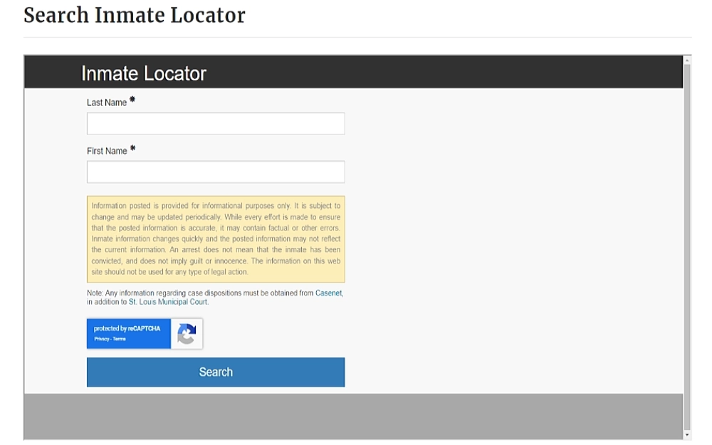 A screenshot of a search inmate locator from the official Saint Louis County, Missouri website, which requires entering the search fields of last name and first name and a CAPTCHA verification to proceed with the search button below the page.