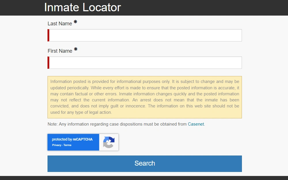 Screenshot of the inmate locator from St. Louis County Department of Justice Services, displaying the required input fields for first and last names, followed by a disclaimer regarding the content information and a note that says information about case dispositions must be obtained from Casenet.