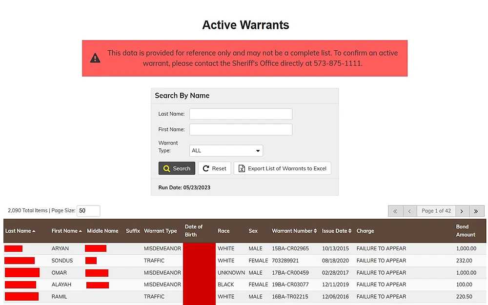 A screenshot of the Boone County Active Warrants website search page displays an input field to search by name and a list of persons below.